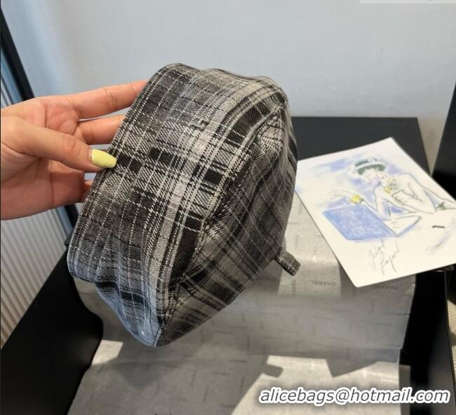 Best Price Hermes Plaid Beret Hat HS090908 Grey 2025