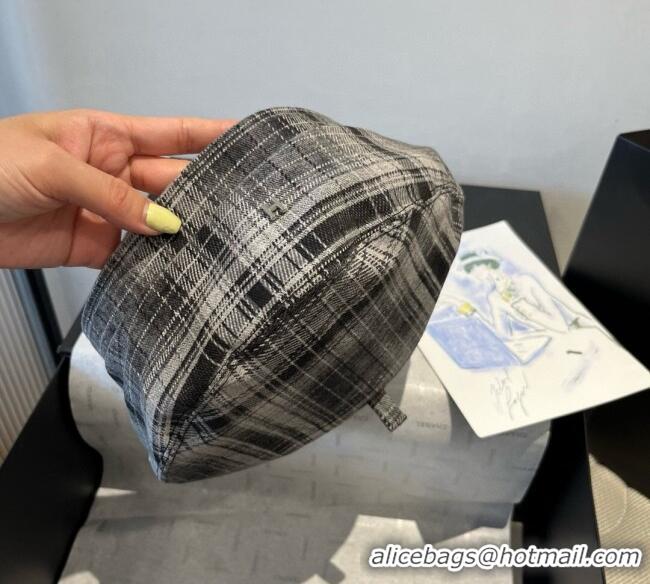 Best Price Hermes Plaid Beret Hat HS090908 Grey 2025