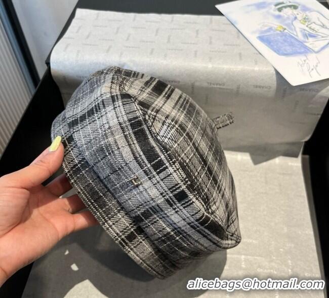 Best Price Hermes Plaid Beret Hat HS090908 Grey 2025