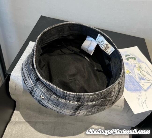Best Price Hermes Plaid Beret Hat HS090908 Grey 2025