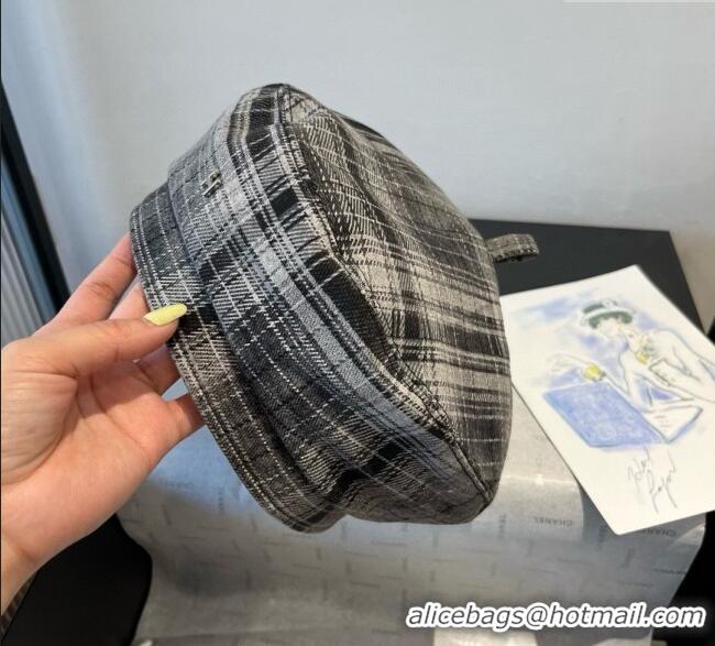 Best Price Hermes Plaid Beret Hat HS090908 Grey 2025