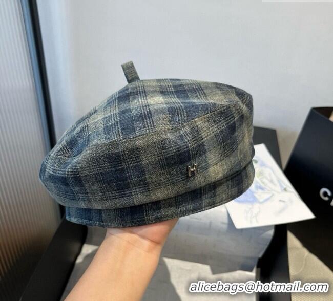 Grade Quality Hermes Plaid Beret Hat HS090908 Blue/Green 2025