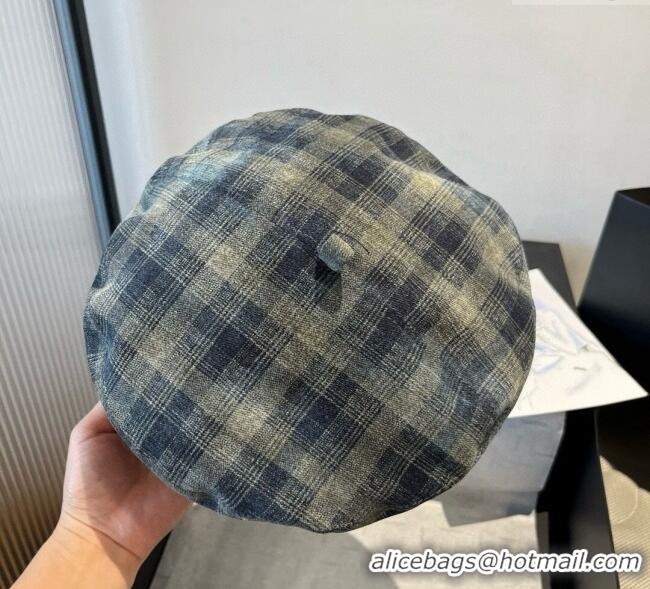 Grade Quality Hermes Plaid Beret Hat HS090908 Blue/Green 2025