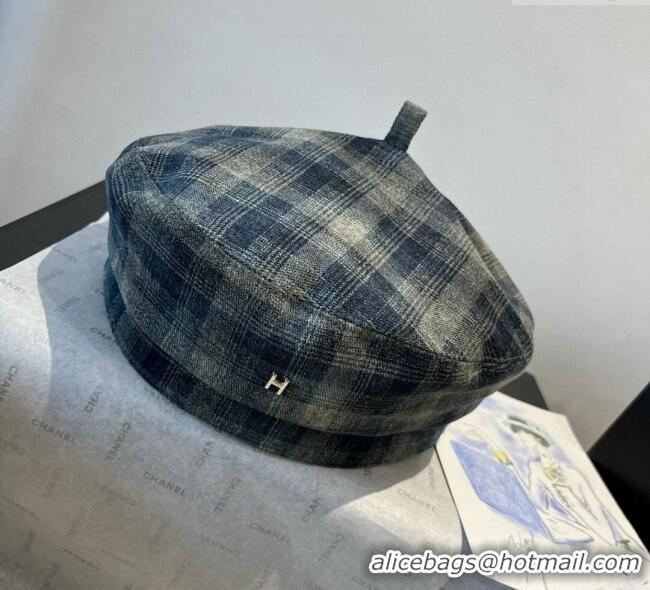 Grade Quality Hermes Plaid Beret Hat HS090908 Blue/Green 2025