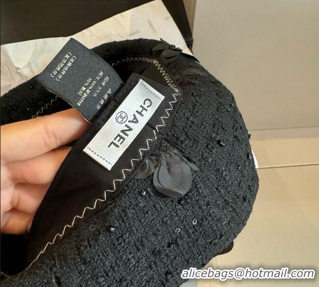 Luxury Classic Chanel Tweed Beret Hat with Bloom CH090907 Black 2025