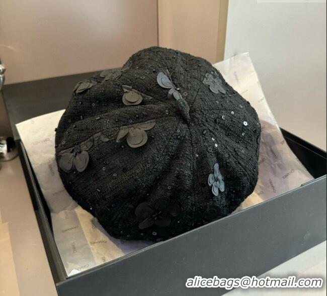 Luxury Classic Chanel Tweed Beret Hat with Bloom CH090907 Black 2025