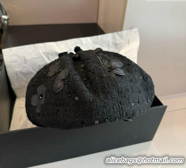 Luxury Classic Chanel Tweed Beret Hat with Bloom CH090907 Black 2025
