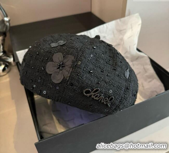 Luxury Classic Chanel Tweed Beret Hat with Bloom CH090907 Black 2025