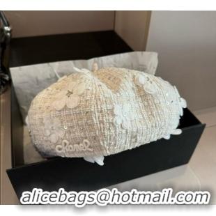 New Fashion Chanel Tweed Beret Hat with Bloom CH090907 White 2025