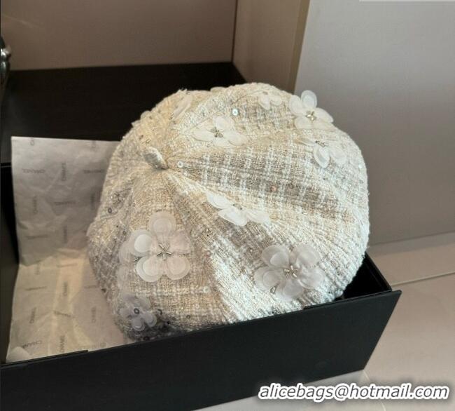 New Fashion Chanel Tweed Beret Hat with Bloom CH090907 White 2025