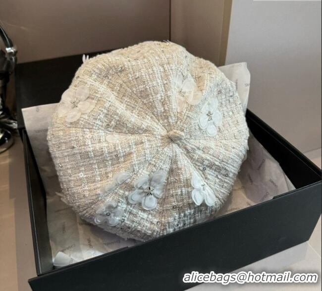 New Fashion Chanel Tweed Beret Hat with Bloom CH090907 White 2025