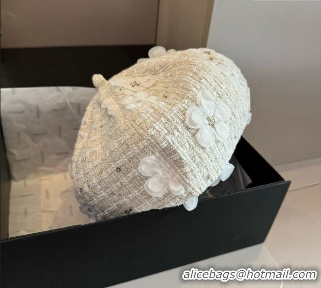 New Fashion Chanel Tweed Beret Hat with Bloom CH090907 White 2025