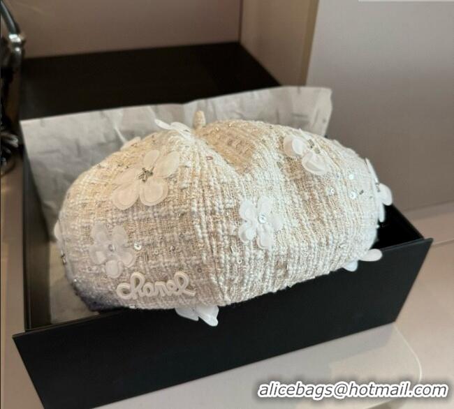 New Fashion Chanel Tweed Beret Hat with Bloom CH090907 White 2025