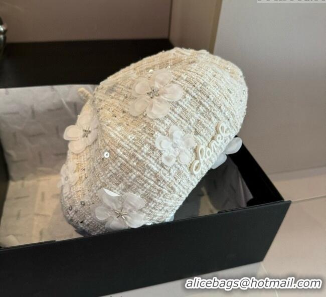 New Fashion Chanel Tweed Beret Hat with Bloom CH090907 White 2025