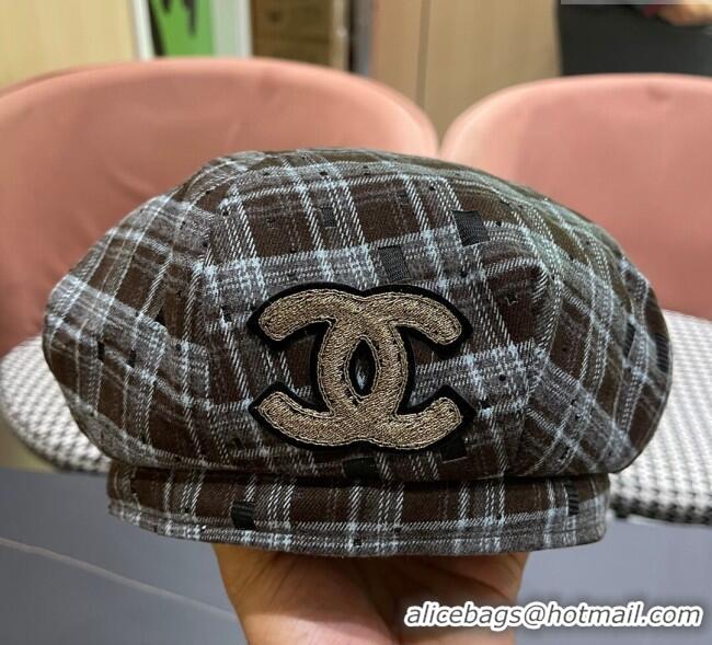 High Quality Chanel Plaid Beret Hat CH090909 Brown 2025