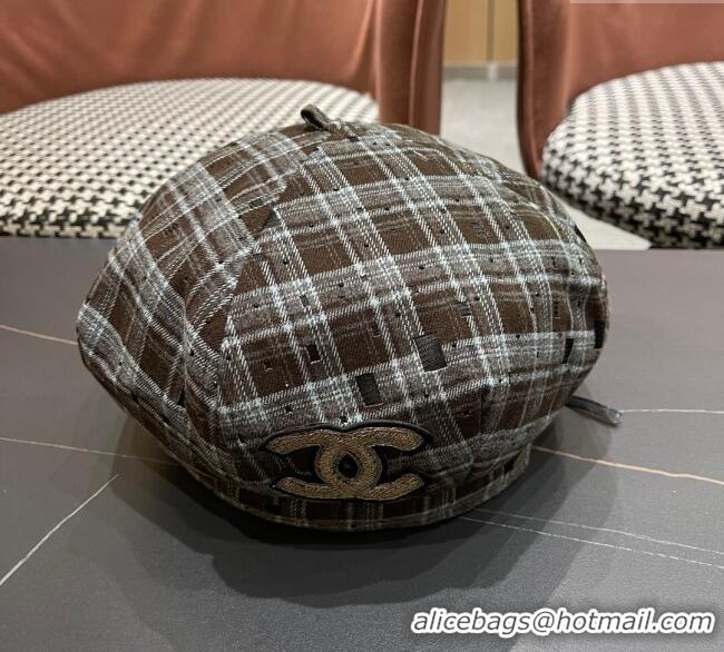 High Quality Chanel Plaid Beret Hat CH090909 Brown 2025