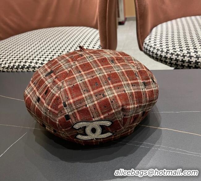New Design Chanel Plaid Beret Hat CH090909 Red 2025