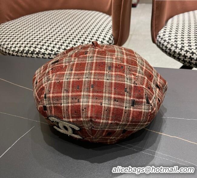 New Design Chanel Plaid Beret Hat CH090909 Red 2025