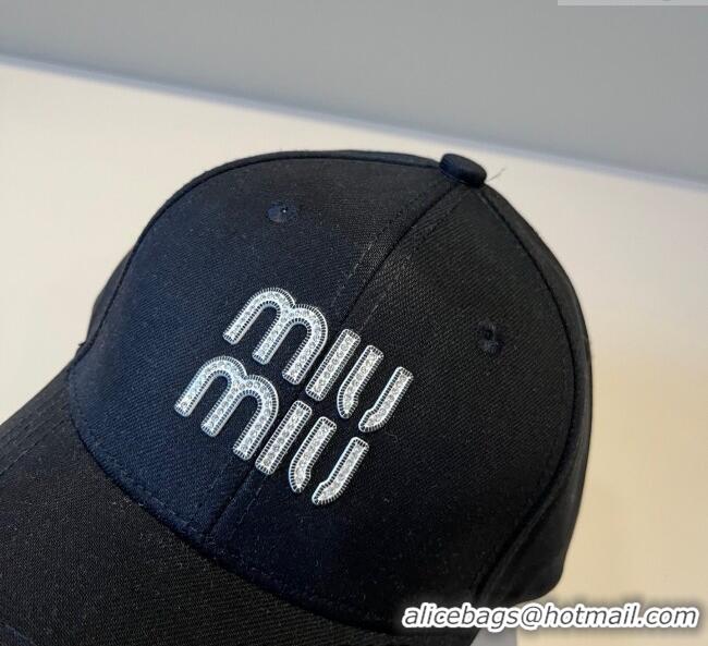 High Quality Miu Miu Canvas Baseball Hat with Strass MM090912 Black 2025