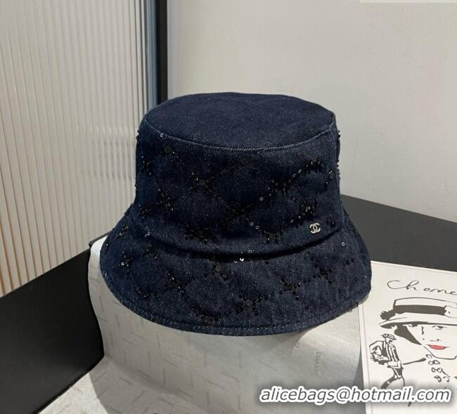 Inexpensive Chanel Denim Bucket Hat with Sequins 0909 Dark Blue 2025