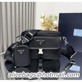 Well Crafted Prada Re-Nylon and Saffiano Leather Shoulder Bag 2VH133 Black 2025