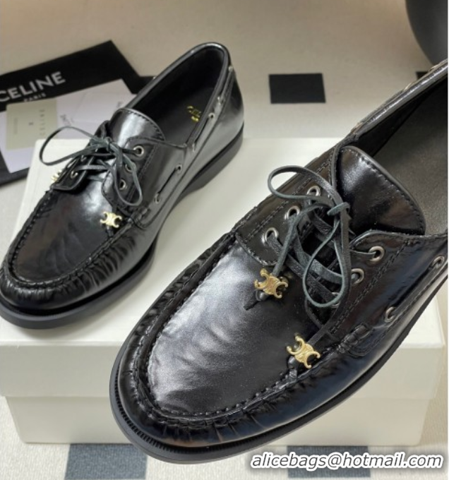 Most Popular Celine Bateau Lace-up Loafers in Calfskin Black 50826063