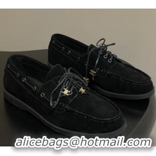 Best Price Celine Bateau Lace-up Loafers in Suede Black 50826064