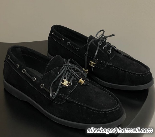 Best Price Celine Bateau Lace-up Loafers in Suede Black 50826064