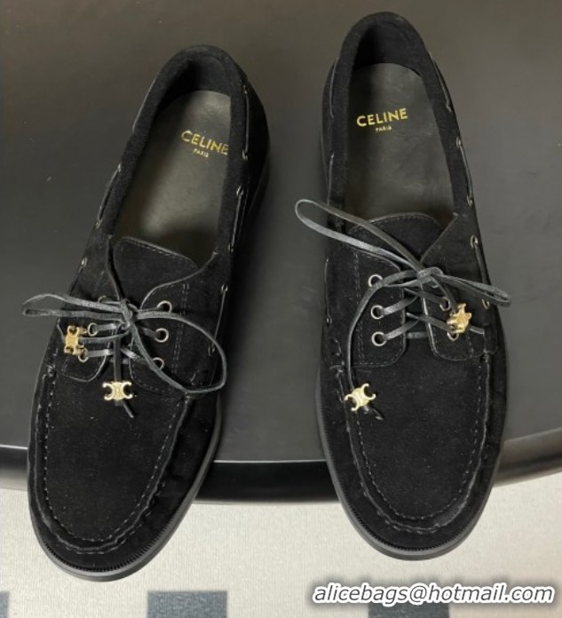 Best Price Celine Bateau Lace-up Loafers in Suede Black 50826064