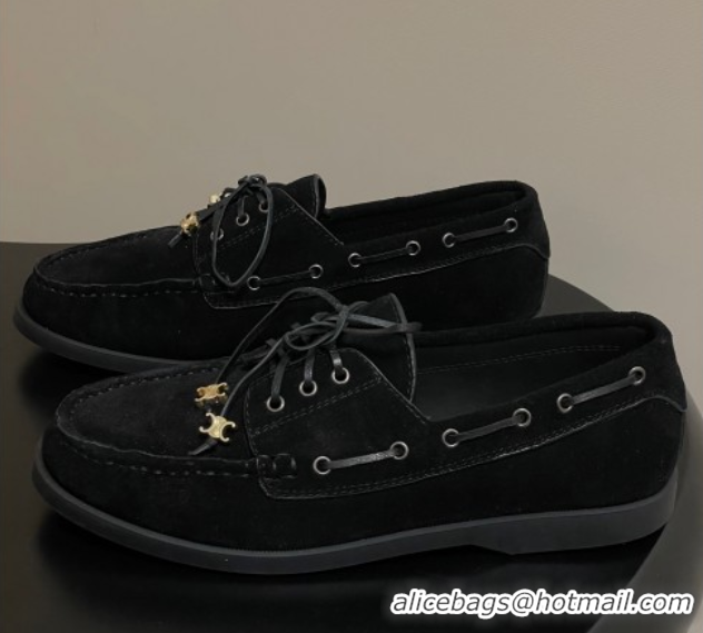 Best Price Celine Bateau Lace-up Loafers in Suede Black 50826064