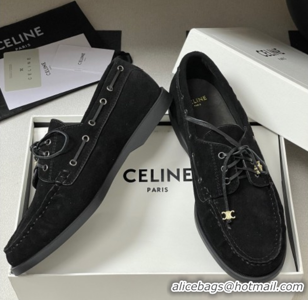 Best Price Celine Bateau Lace-up Loafers in Suede Black 50826064