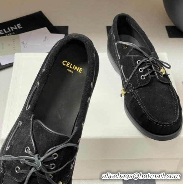 Best Price Celine Bateau Lace-up Loafers in Suede Black 50826064