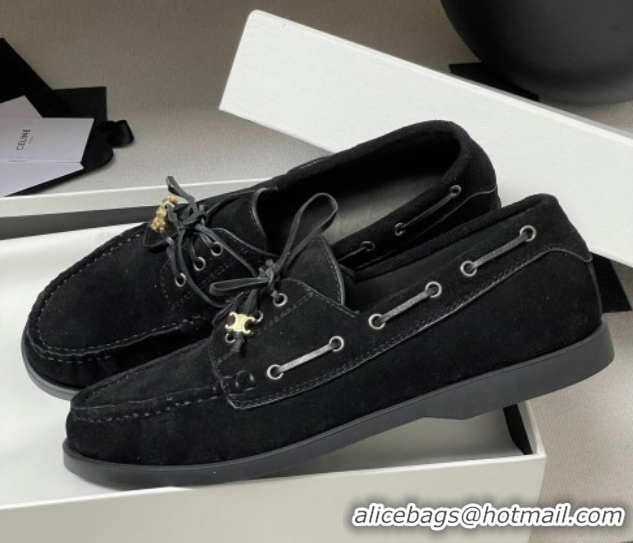 Best Price Celine Bateau Lace-up Loafers in Suede Black 50826064