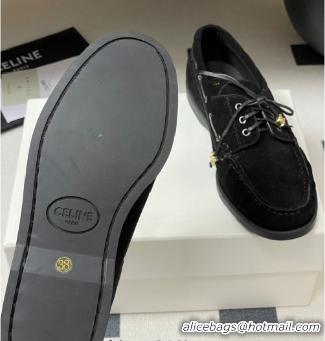 Best Price Celine Bateau Lace-up Loafers in Suede Black 50826064