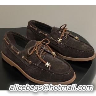 Popular Style Celine Bateau Lace-up Loafers in Suede Dark Brown 0826067