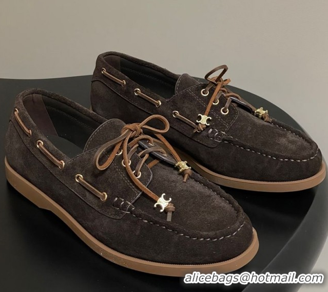 Popular Style Celine Bateau Lace-up Loafers in Suede Dark Brown 0826067