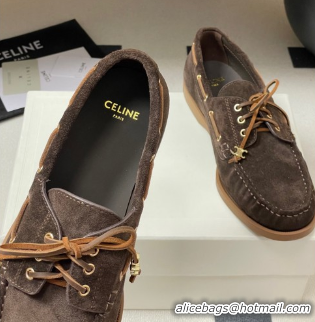 Popular Style Celine Bateau Lace-up Loafers in Suede Dark Brown 0826067