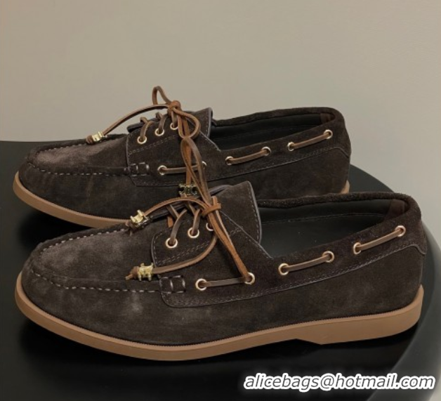 Popular Style Celine Bateau Lace-up Loafers in Suede Dark Brown 0826067