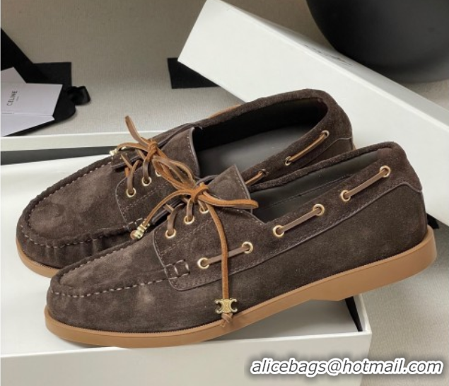Popular Style Celine Bateau Lace-up Loafers in Suede Dark Brown 0826067