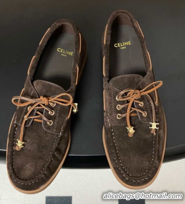 Popular Style Celine Bateau Lace-up Loafers in Suede Dark Brown 0826067