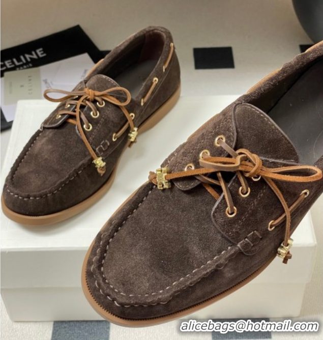 Popular Style Celine Bateau Lace-up Loafers in Suede Dark Brown 0826067
