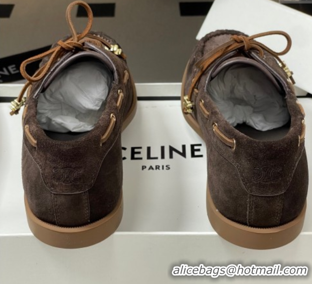 Popular Style Celine Bateau Lace-up Loafers in Suede Dark Brown 0826067