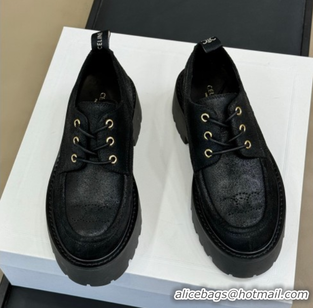 Crafted Celine Triomphe Derbies Shoes 5cm in Waxed Suede Calfskin Black 0826069