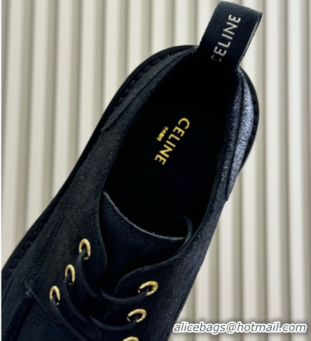 Crafted Celine Triomphe Derbies Shoes 5cm in Waxed Suede Calfskin Black 0826069