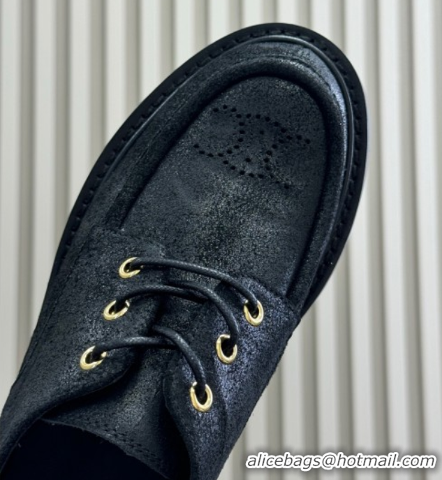 Crafted Celine Triomphe Derbies Shoes 5cm in Waxed Suede Calfskin Black 0826069