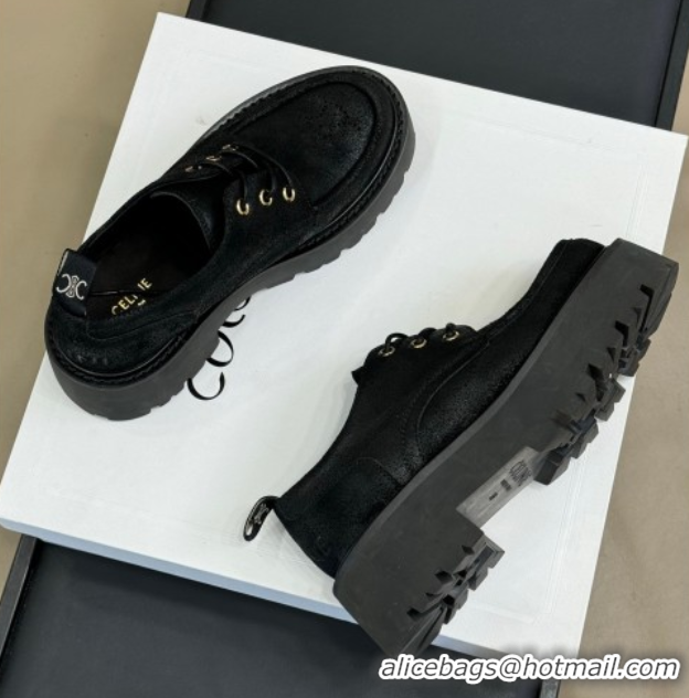 Crafted Celine Triomphe Derbies Shoes 5cm in Waxed Suede Calfskin Black 0826069