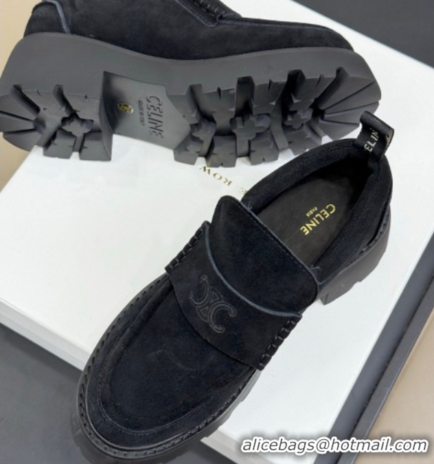 Pretty Style Celine Triomphe Loafers 5cm in Suede Black 2025 CE082601