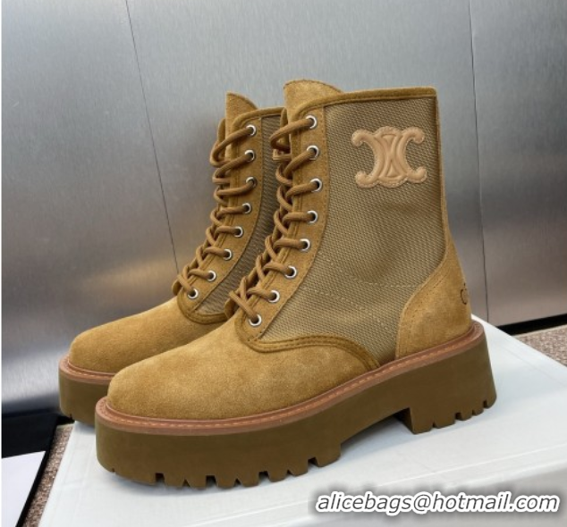 Buy Luxury Celine Suede and Fabric Laced-up Ankle Boots 4.5cm Brown 2025 CE082603