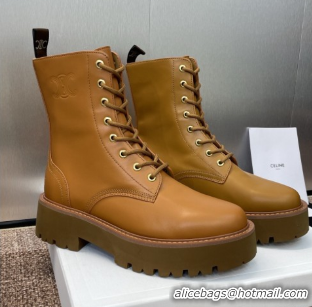 Buy Discount Celine Leather Laced-up Ankle Boots 5cm Brown Yellow 2025 CE082604