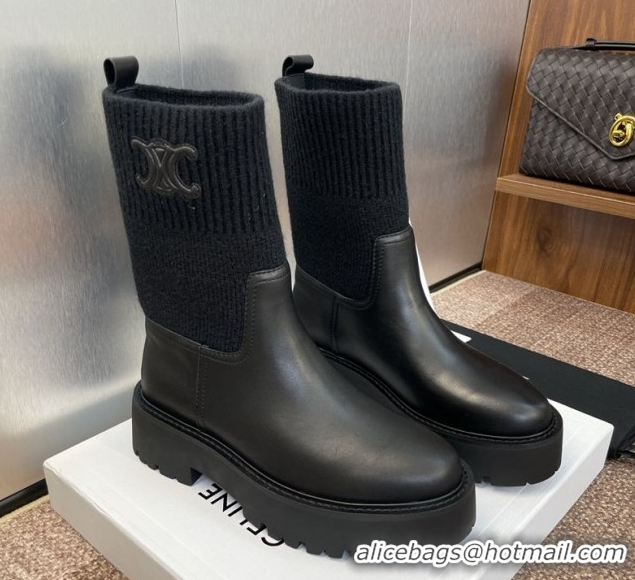 Best Price Celine Leather and Knit Ankle Boots 5cm Black 2025 CE082605